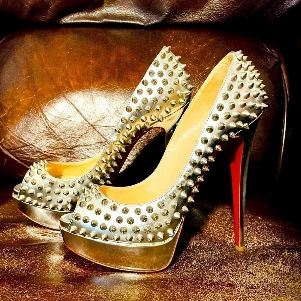 100% Authentic Christian Louboutin “Specchio” Lady Peep spikes. EU 38.5 140mm